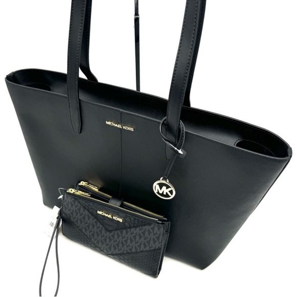 Michael Kors Medium Jet Set Travel Zip Tote Bag & Double Zip Wallet Black/Gold - Picture 9 of 13